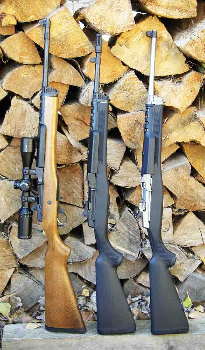 The Ruger is offered in many configurations, including (left to right): a traditional blued finish with hardwood stock and 18.5-inch barrel, Tactical Model with flash suppressor and 16.12-inch barrel and stainless with synthetic stock and 18.5-inch barrel.